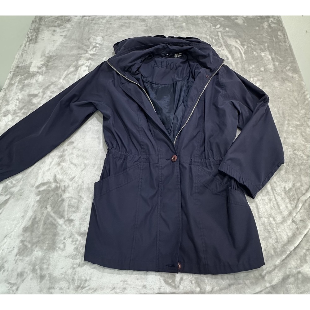 Aeros Jacket Women's‎ Size Small Blue Detachable Hood Lined Zipper Button EUC
